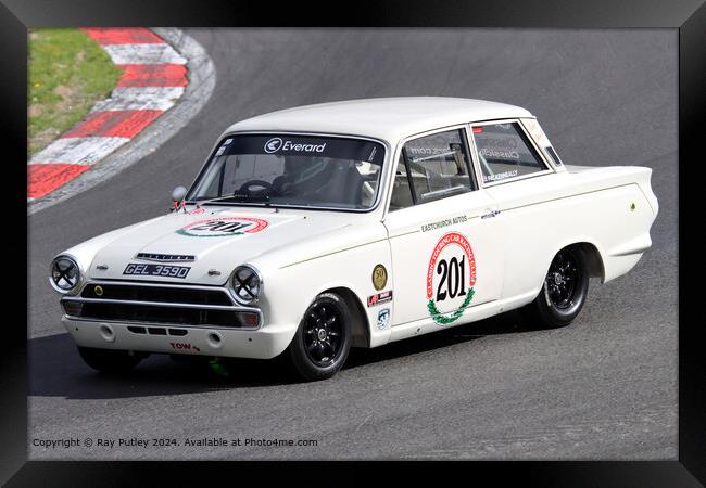 White Ford Lotus Cortina Mk1 Race Track Framed Print by Ray Putley