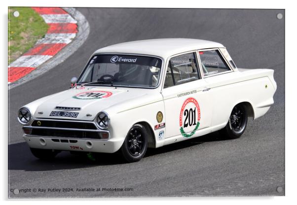 White Ford Lotus Cortina Mk1 Race Track Acrylic by Ray Putley