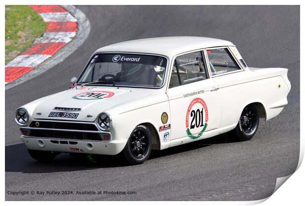 White Ford Lotus Cortina Mk1 Race Track Print by Ray Putley