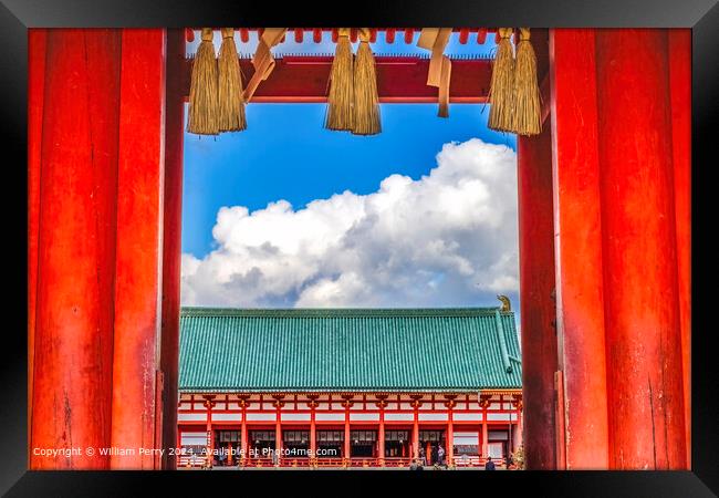 Red Entrance Gate Blue Skies Heian Shinto Shrine, Kyoto Framed Print by William Perry