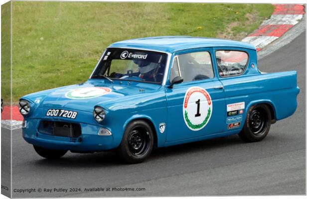 Blue Ford Anglia Racing Canvas Print by Ray Putley