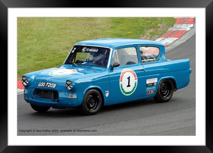 Blue Ford Anglia Racing Framed Mounted Print by Ray Putley