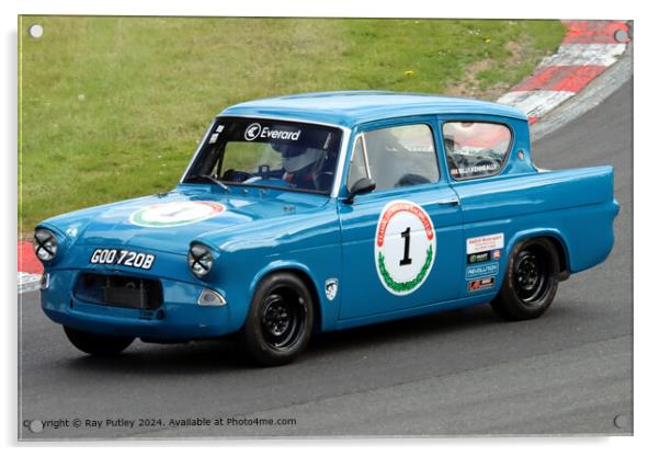 Blue Ford Anglia Racing Acrylic by Ray Putley