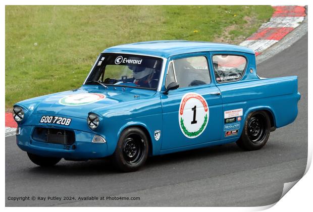 Blue Ford Anglia Racing Print by Ray Putley