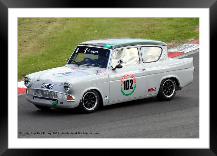 Grey Ford Anglia Racing Framed Mounted Print by Ray Putley