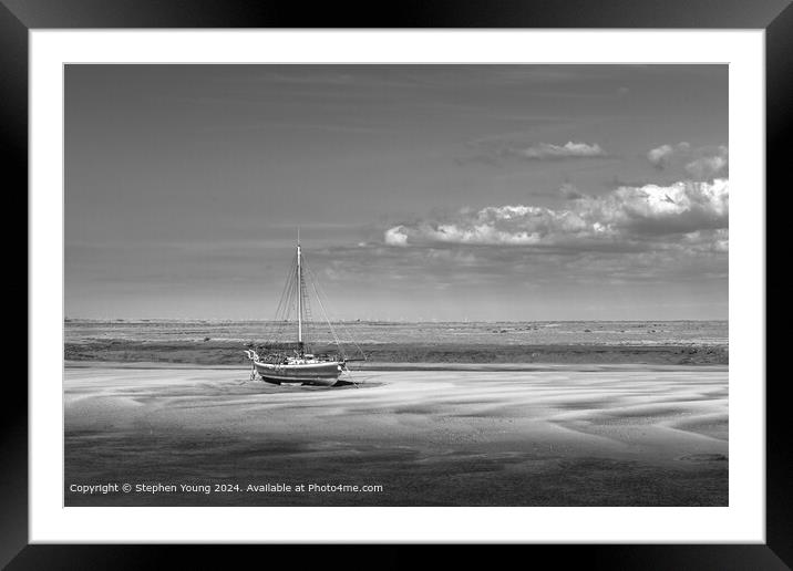Wells-next-the-Sea Black and White Sand and Boat Framed Mounted Print by Stephen Young