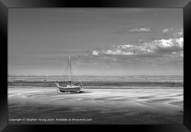 Wells-next-the-Sea Black and White Sand and Boat Framed Print by Stephen Young