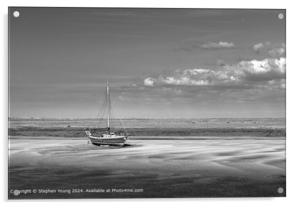 Wells-next-the-Sea Black and White Sand and Boat Acrylic by Stephen Young