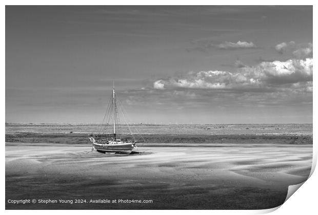 Wells-next-the-Sea Black and White Sand and Boat Print by Stephen Young