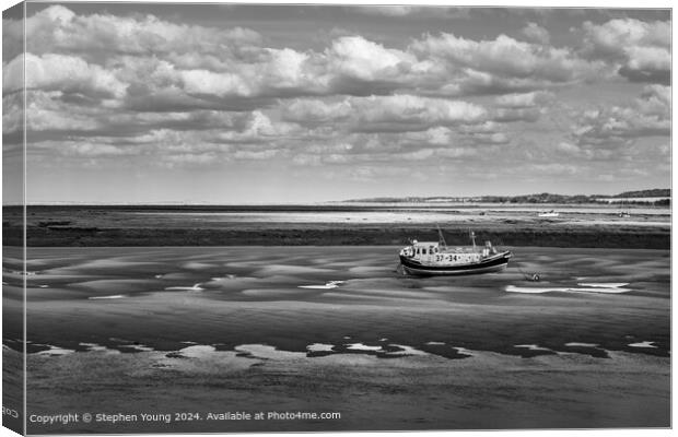 Wells-next-the-Sea Black and White Sand and Boat Canvas Print by Stephen Young