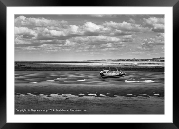 Wells-next-the-Sea Black and White Sand and Boat Framed Mounted Print by Stephen Young