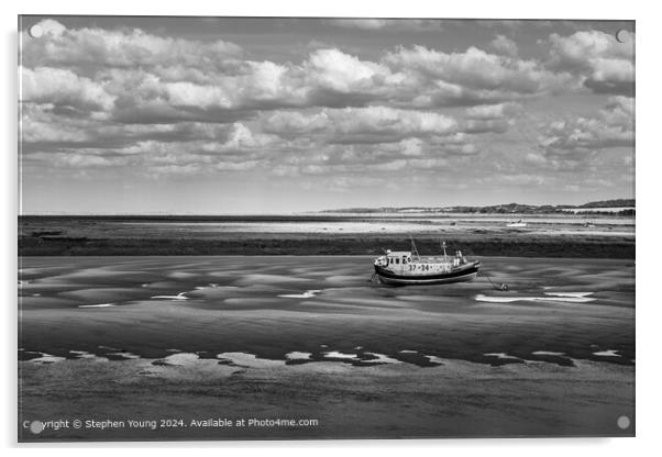 Wells-next-the-Sea Black and White Sand and Boat Acrylic by Stephen Young