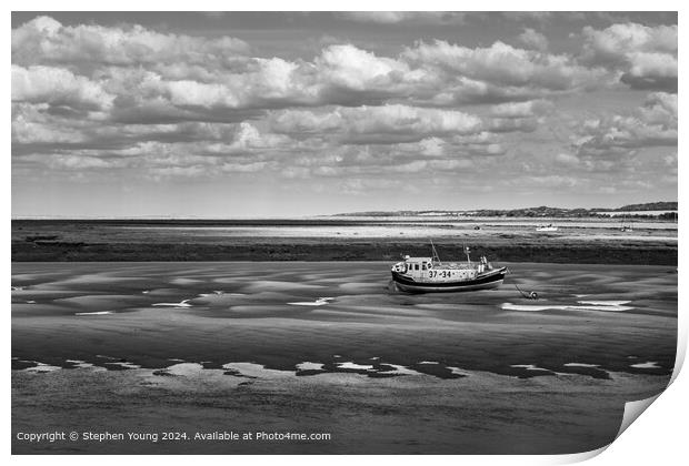 Wells-next-the-Sea Black and White Sand and Boat Print by Stephen Young