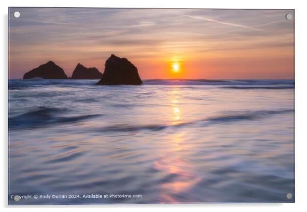 Holywell Bay Sunset Reflection Acrylic by Andy Durnin
