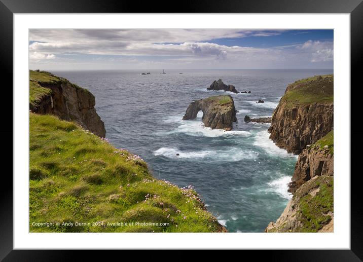 Enys Dodnan Arch, White Water, Sea Pinks Framed Mounted Print by Andy Durnin