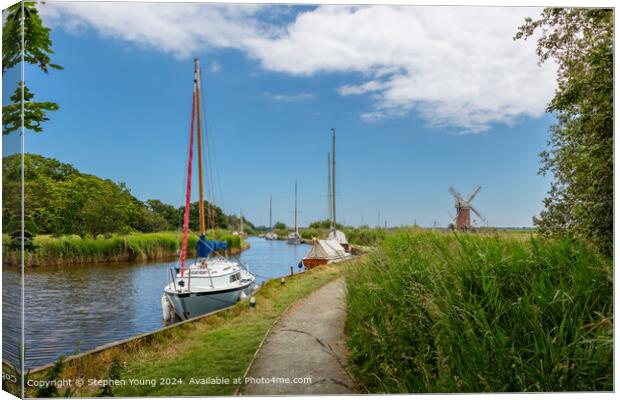 Horsey Windpump, Boats, Norfolk Broads Canvas Print by Stephen Young