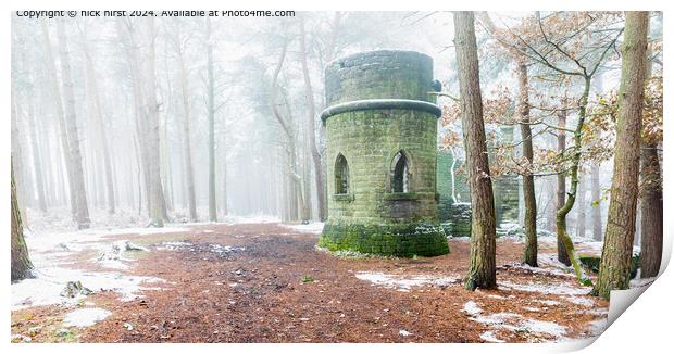 Misty Snow Folly in Cottingley Woods Print by nick hirst