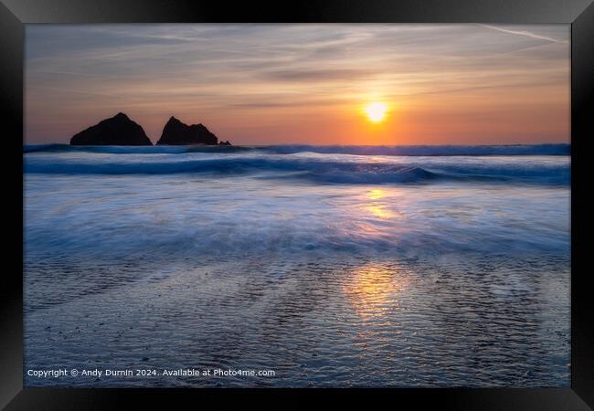 Holywell Bay Sunset Reflection Framed Print by Andy Durnin