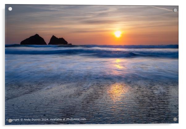 Holywell Bay Sunset Reflection Acrylic by Andy Durnin