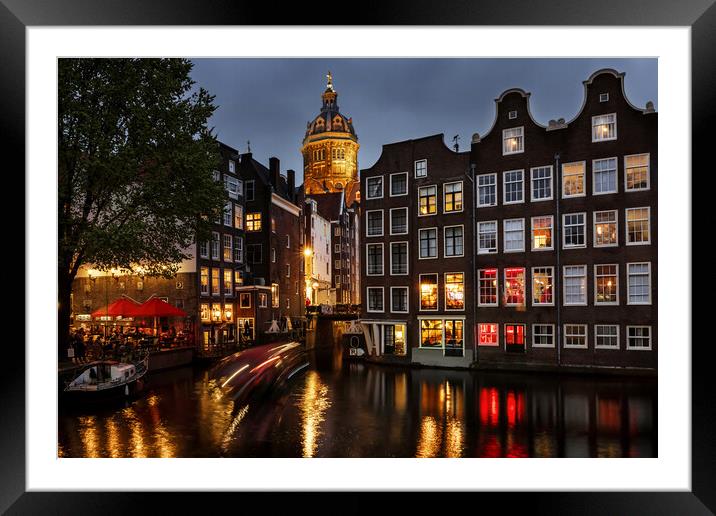 Amsterdam Canal Houses at Night Framed Mounted Print by Olga Peddi