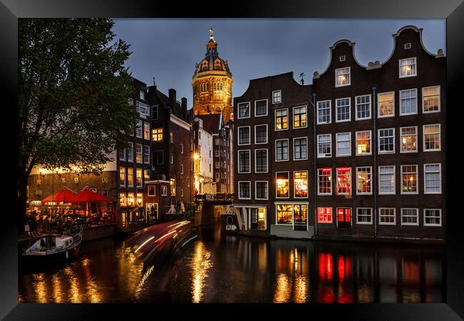Amsterdam Canal Houses at Night Framed Print by Olga Peddi
