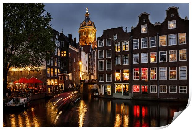 Amsterdam Canal Houses at Night Print by Olga Peddi