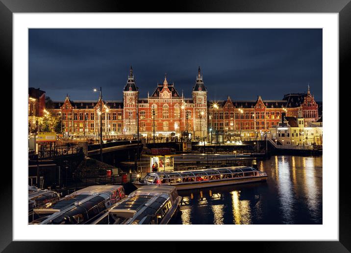 Amsterdam Central Station Night Lights Framed Mounted Print by Olga Peddi