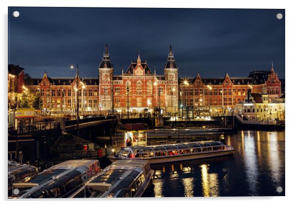 Amsterdam Central Station Night Lights Acrylic by Olga Peddi