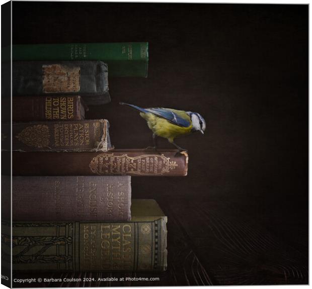 Blue Tit and Old Books Canvas Print by Barbara Coulson