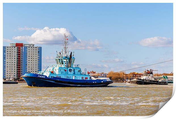 Blue Tug Sailing in Portsmouth Harbour Print by Graham Prentice