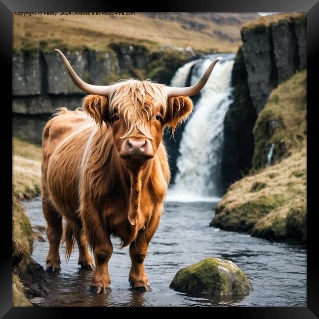 Highland Cow River Waterfall Framed Print by Paddy 