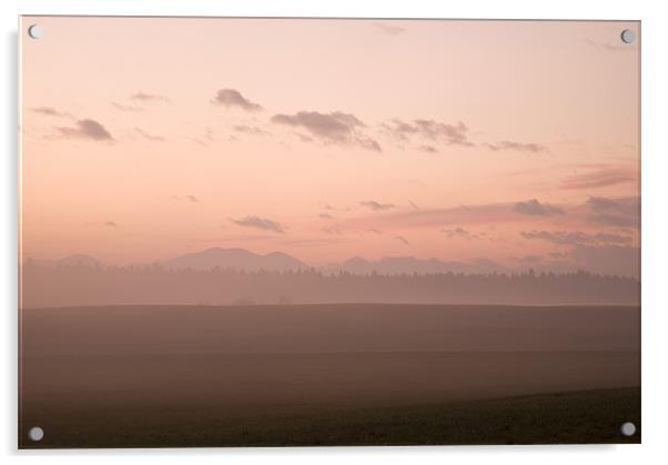 Misty fields at sunset Acrylic by Ian Middleton