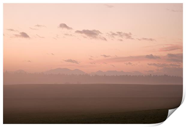 Misty fields at sunset Print by Ian Middleton