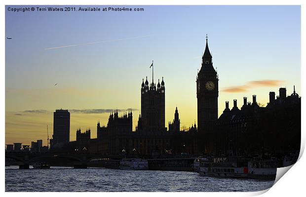 Sunset Over the Houses of Parliament Print by Terri Waters