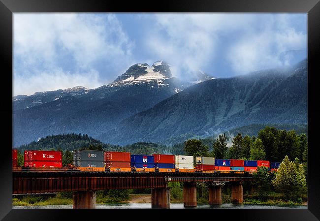 Freight Train in the Rocky Mountains Framed Print by Elaine Manley