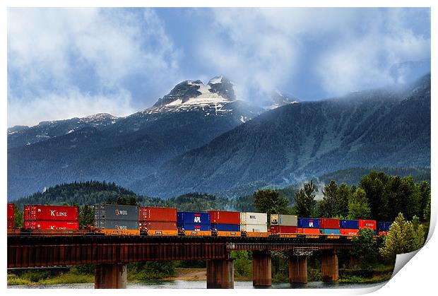 Freight Train in the Rocky Mountains Print by Elaine Manley