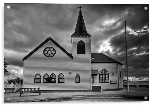 Norwegian Church Cardiff Bay Mono Acrylic by Steve Purnell