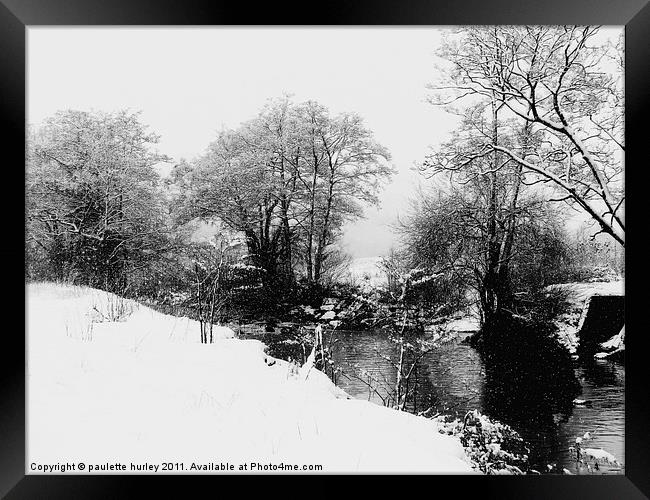 Snow.Rhymney Valley River.Wales. Framed Print by paulette hurley