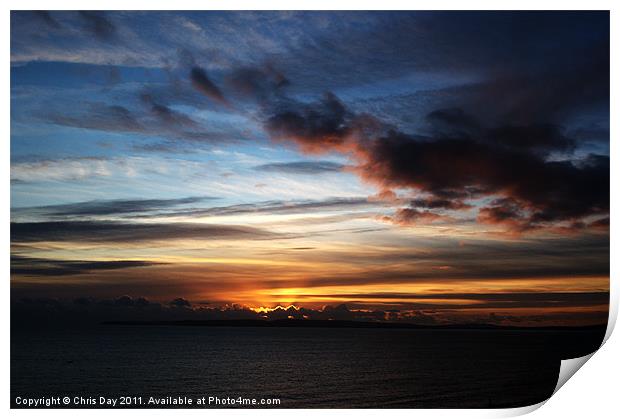 Sunset over Poole Bay Print by Chris Day