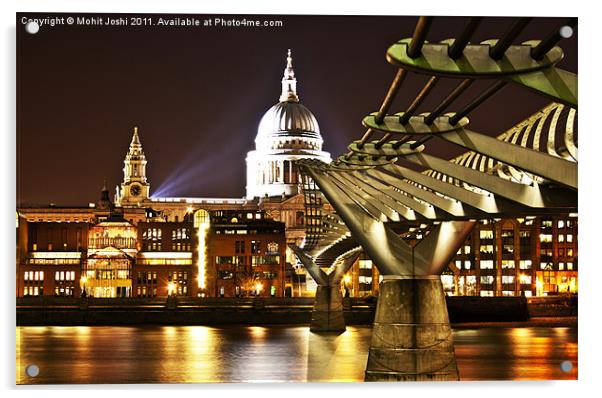 St Paul's and Millenium Bridge, London, Sunset Acrylic by Mohit Joshi