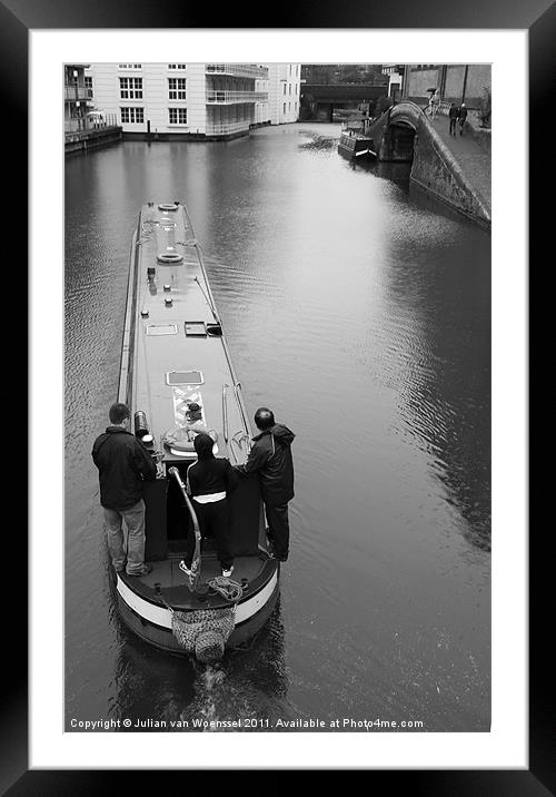 Camden Canal Narrow Boat Framed Mounted Print by Julian van Woenssel