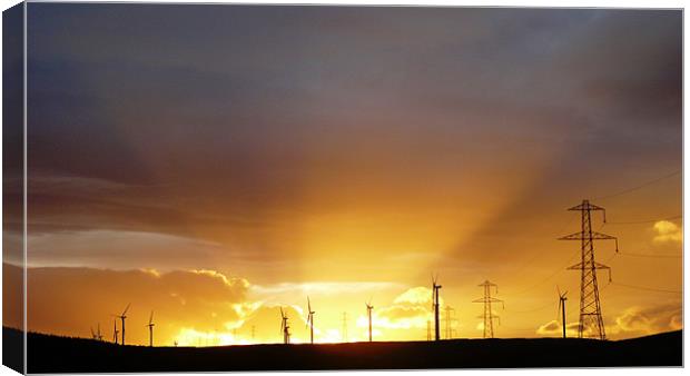 Sunset over Kilbraur windfarm Canvas Print by Simon Deane