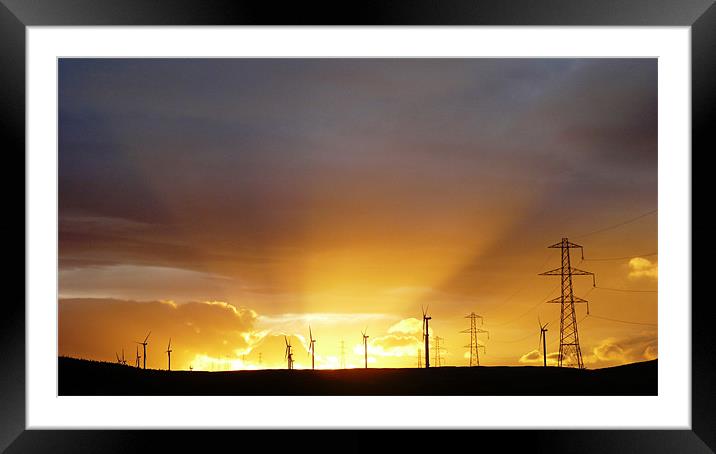 Sunset over Kilbraur windfarm Framed Mounted Print by Simon Deane