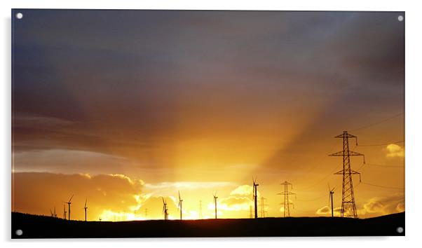 Sunset over Kilbraur windfarm Acrylic by Simon Deane