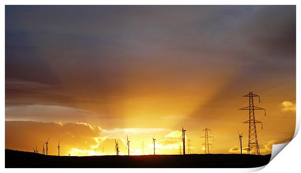 Sunset over Kilbraur windfarm Print by Simon Deane