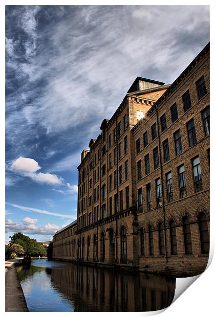 salts mill towering over leeds liverpool canal Print by simon sugden