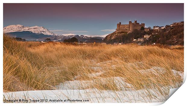 Snow on Harlech beach Print by Rory Trappe