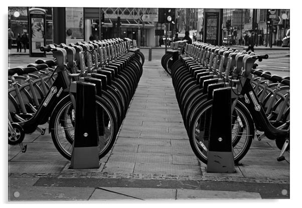 London bikes Acrylic by karen shivas