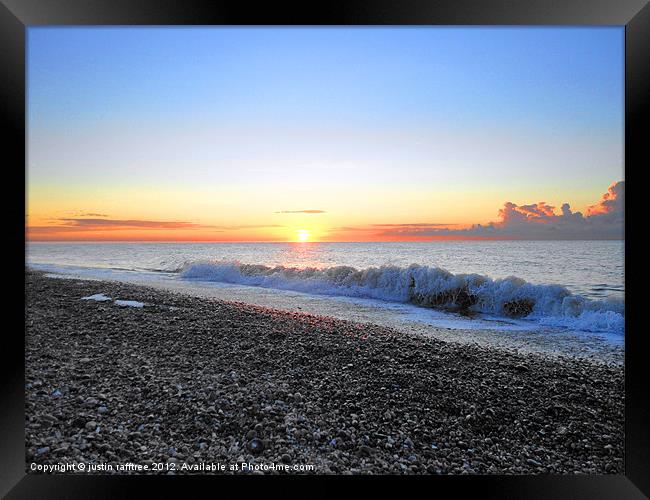 Sunrise at Thorpeness Beach Framed Print by justin rafftree