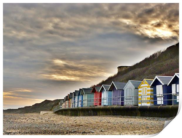Sunset over the Beach Huts Print by Lilian Marshall